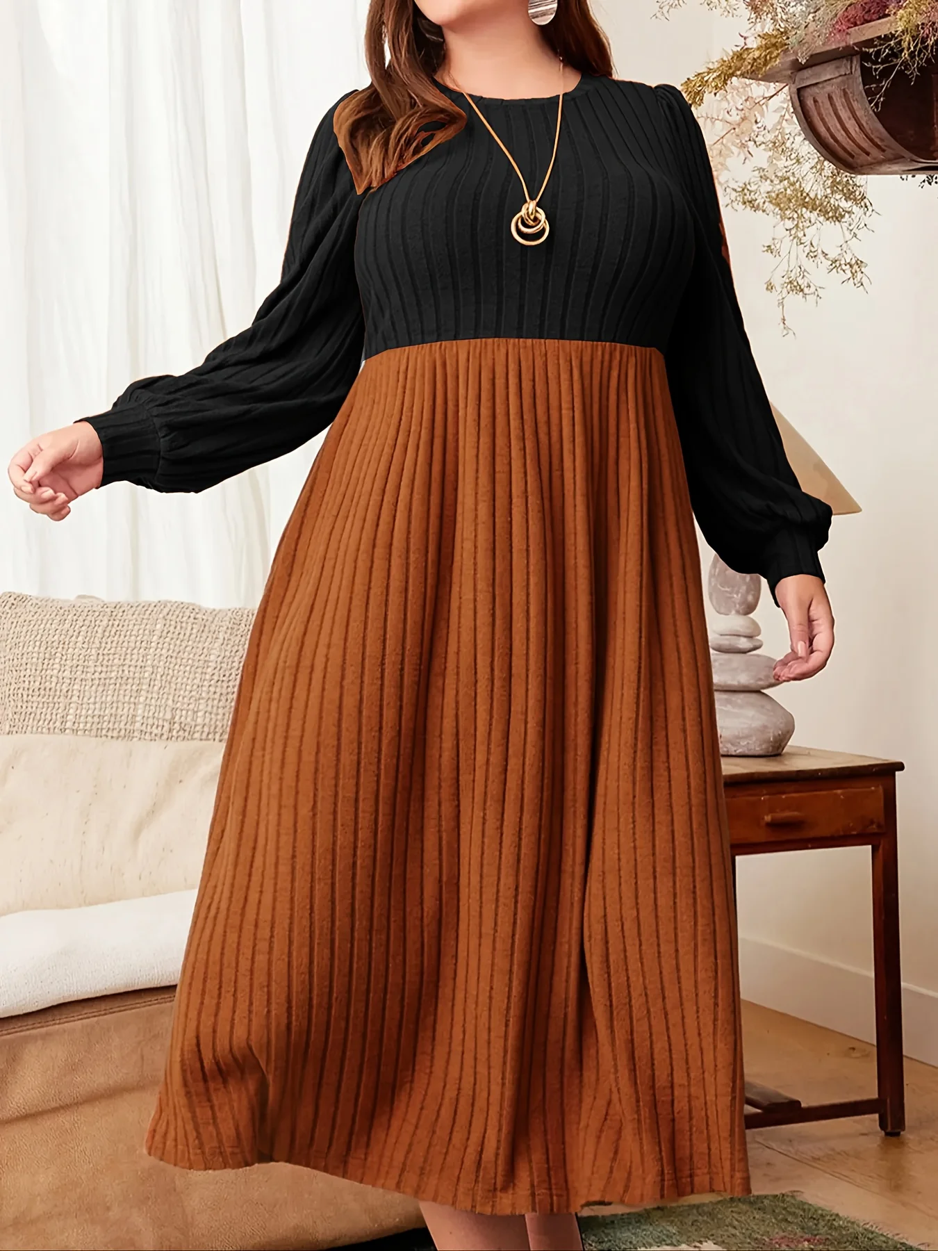 

Autumn and winter style large size contrast color stitching long skirt round neck long sleeves slimming and elegant dress