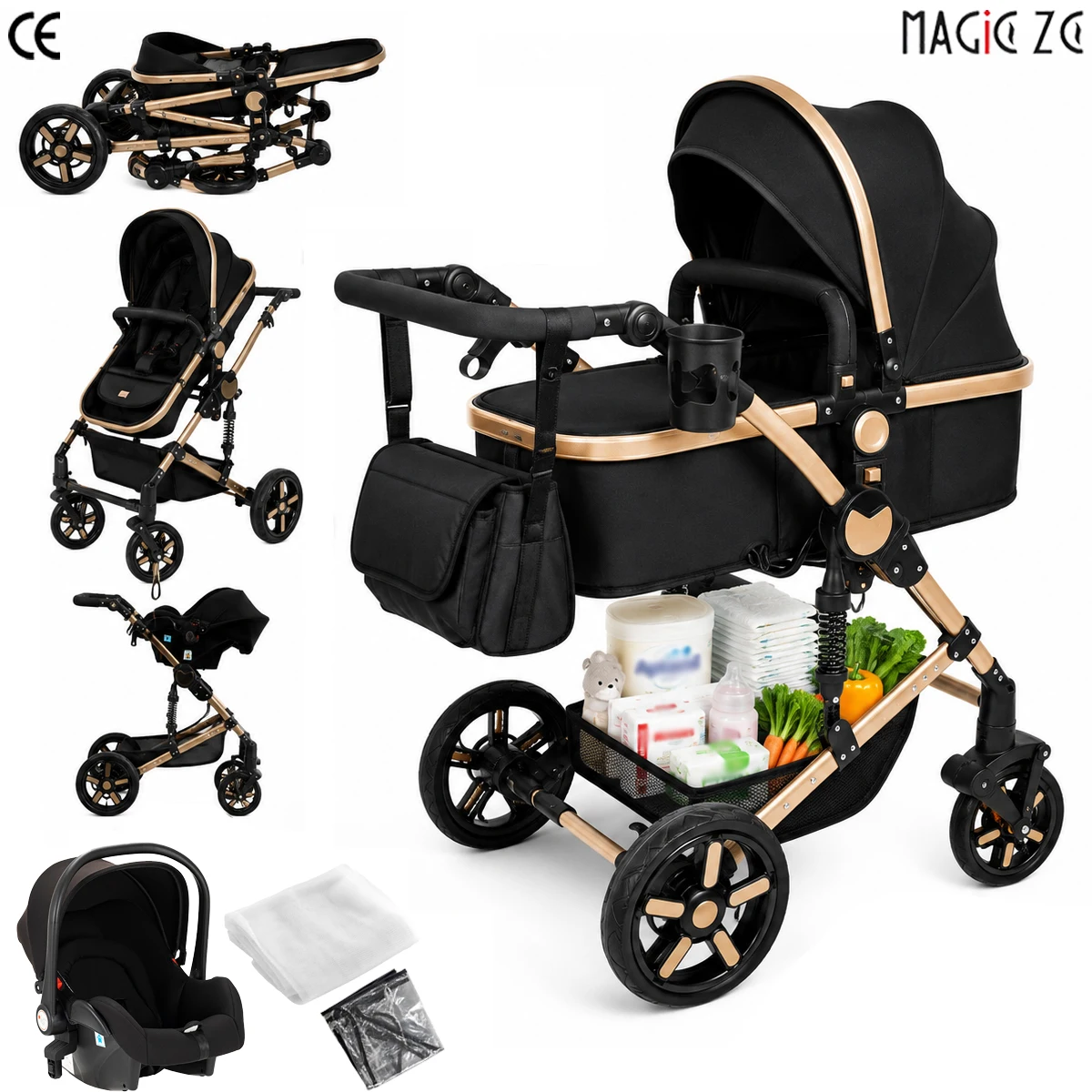 Poussette compacte 3 en 1, combos de poussette de siège d'auto, poussette de bébé multifonctionnelle de paysage haut pour voiture de bébé pour tout-petits