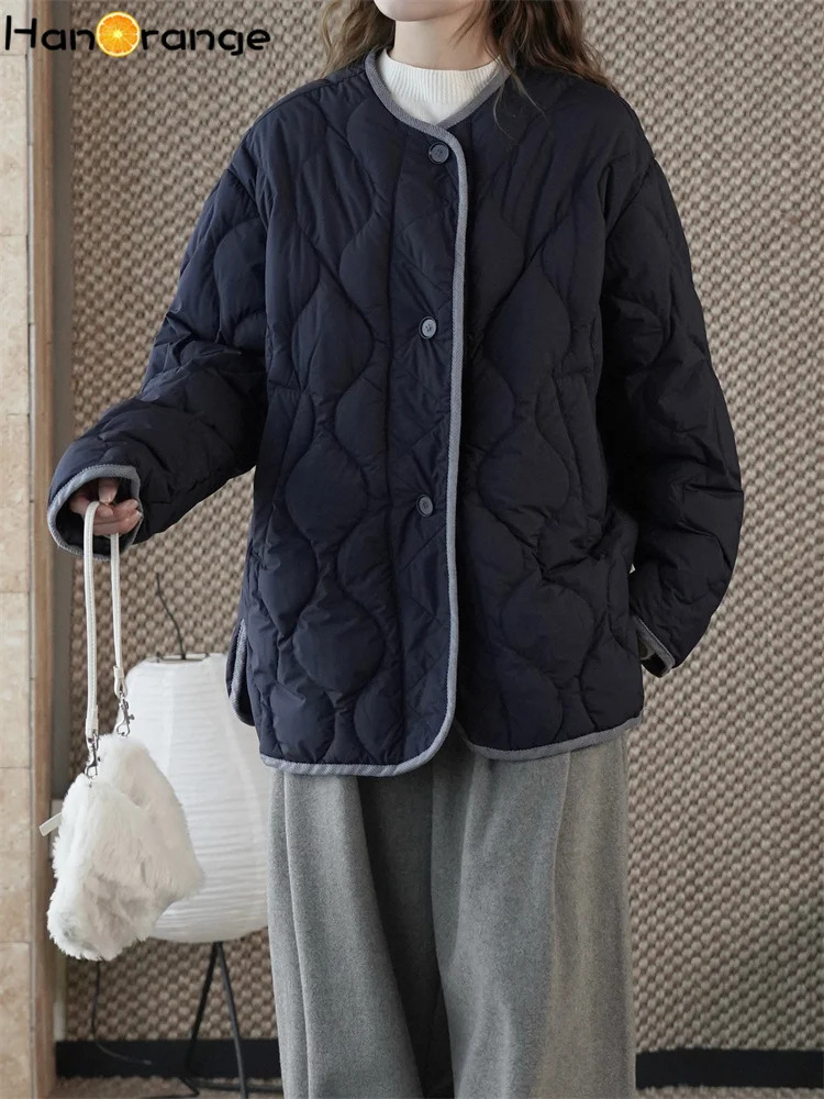 

HanOrange 2025, зимние простые парки на утином пуху с контрастным швом, женская куртка, силуэт, свободное стеганое пальто, темно-синий/бежевый, серый