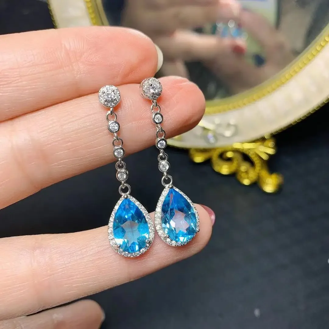 

100% Natural Blue Topaz Drop Earrings for Wedding 8mm*12mm VVS Grade Topaz Eardrop 925 Silver Topaz Jewelry