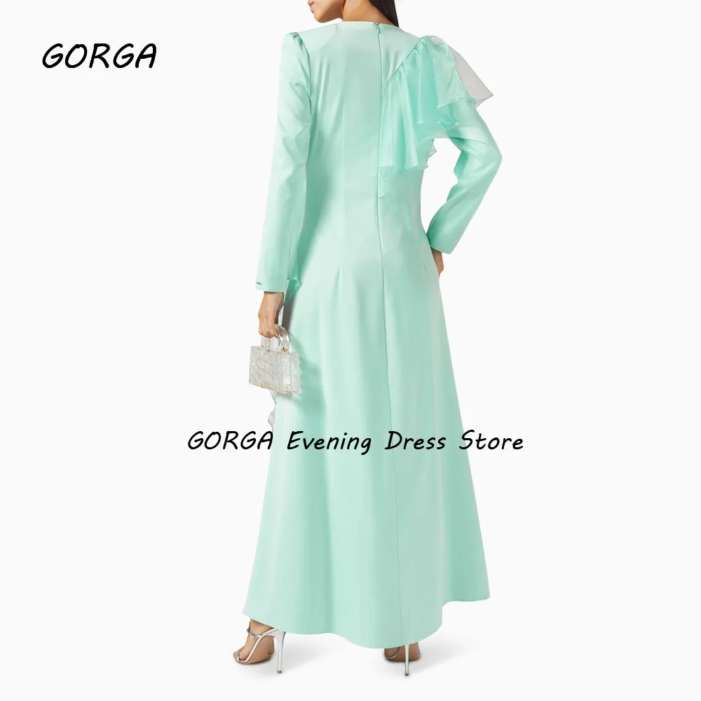 GORGA Simple Green O-Neck Beading A-LINE 2024 Slim Ruffles Crepe Long Sleeves Ocassion Gown Floor-Length Formal Evening Dress