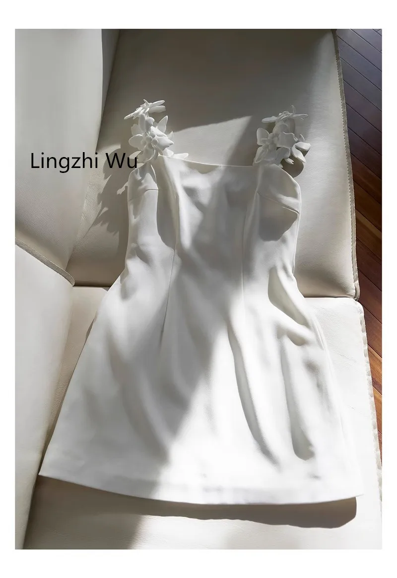 Lingzhi Wu-White Spaghetti Strap Dress for Ladies, Birthday Party, Formal Dresses, French Design, New Arrival