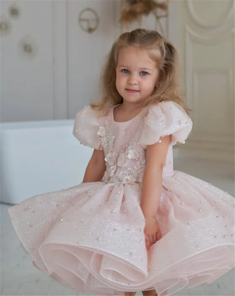 Blush Baby Girls Birthday Party Gown with Bow Floral Lace Pearls Flower Girl Dress Knee Length First Communion Dress 12M 24M