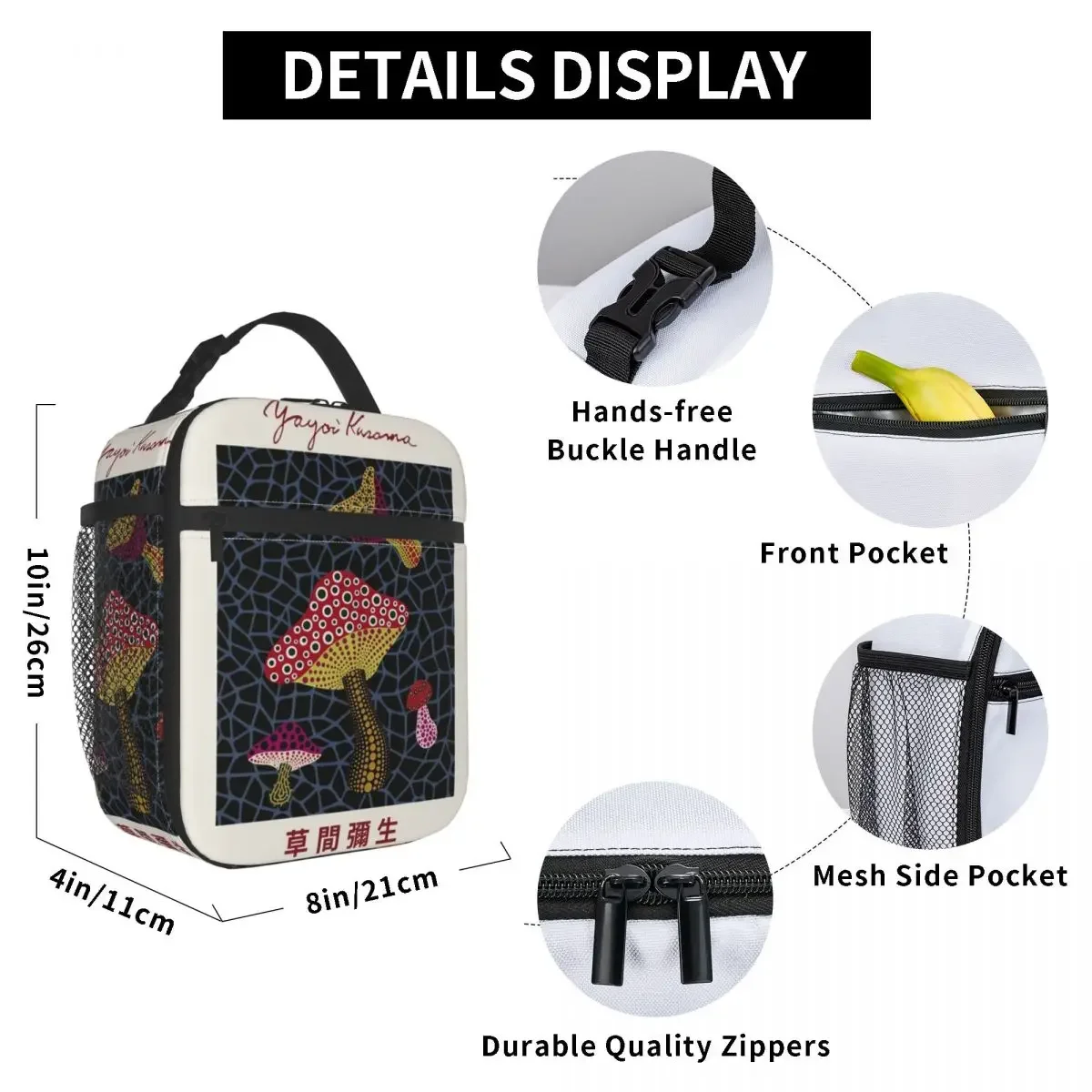 Yayoi Kusama Mushrooms Exhibition Insulated Lunch Bags Storage Food Box Portable Thermal Cooler Lunch Boxes For Travel