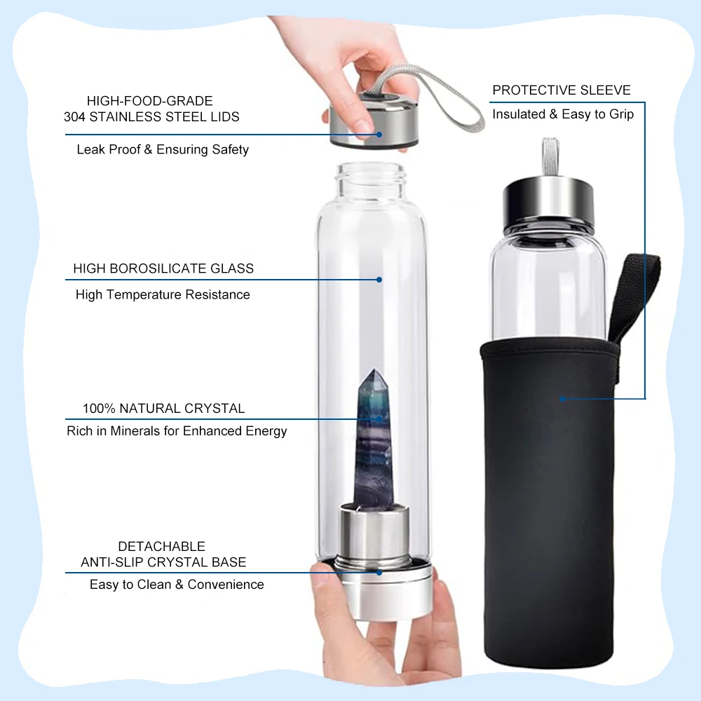 550 ml edelsteen glazen fles energie natuurlijke kwartskristal water drinkfles helende kristal doordrenkte glazen waterfles