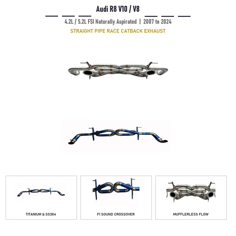 Direct Fit Custom Titanium Catback Exhaust Audi R8 Type 42 Type 4S 4.2L V8 5.2L V10 Handcrafted F1 Sound Race System