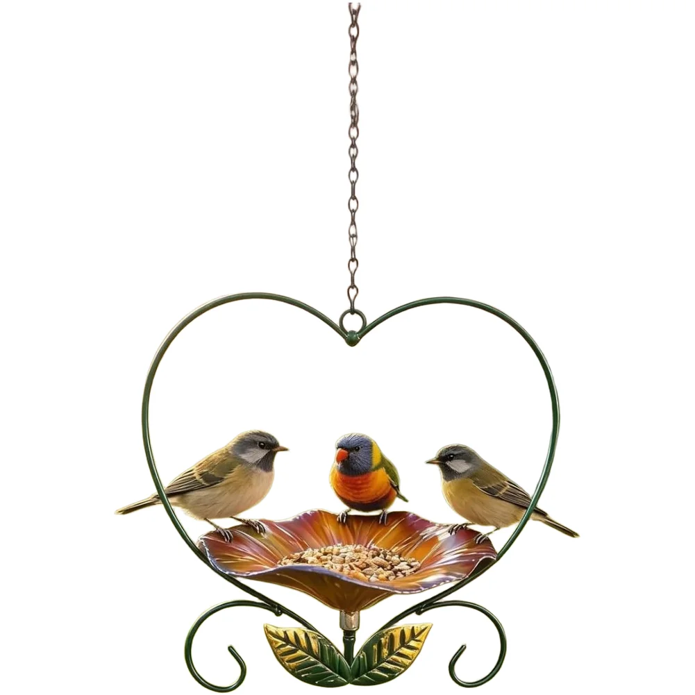 Graceful Heart Shaped Bird Feeder with Floral Embellishments Made of Wrought Iron 18.5 x 34 cm All Weather Performance