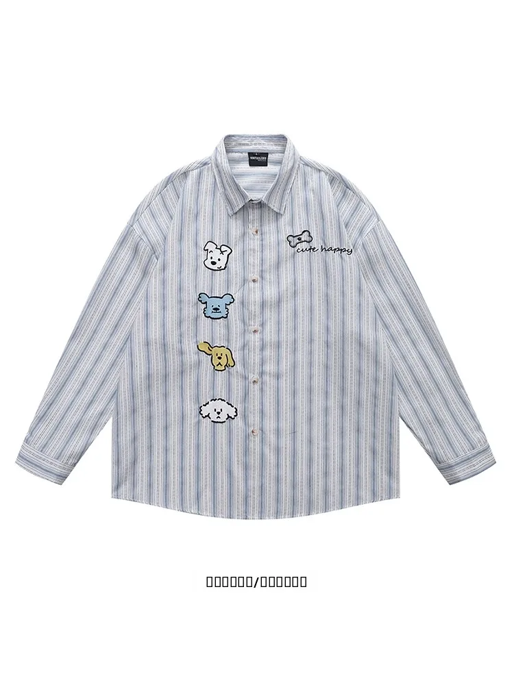 

Loose Fit Long Sleeve Shirt from Four Little Dogs Striped Pattern Cute Style Japanese Style Casual Shirt for Couples