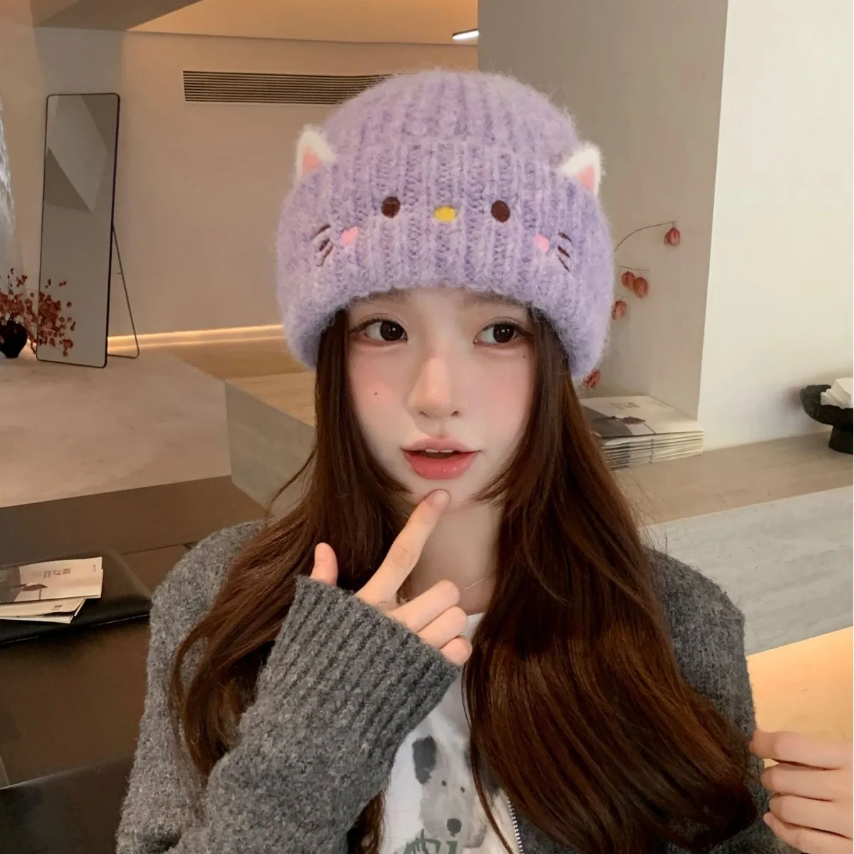 

Women's Fall Winter Cat-Themed Beanie - Cute Fleece Lined Ear Flap Hat, Stylish Versatile Casual Warm Knit Cap