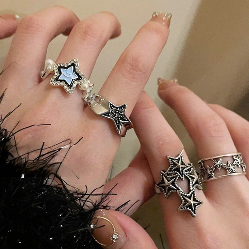 Vintage Punk Pentagram Open Rings for Men Women Lover Couple Hip Hop Engagement Star Ring Korean Party Nightclub Fashion Jewelry