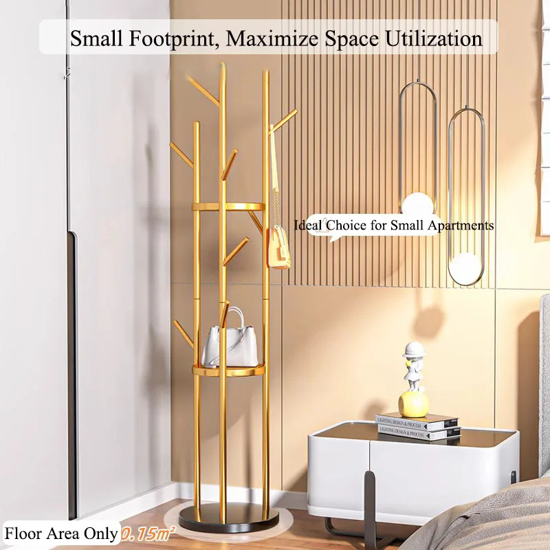 Luxury Metal Freestanding Coat Rack Tree Shape Garment Rack Adjustable Height Coat Stand with Storage Shelves for Hallway Home
