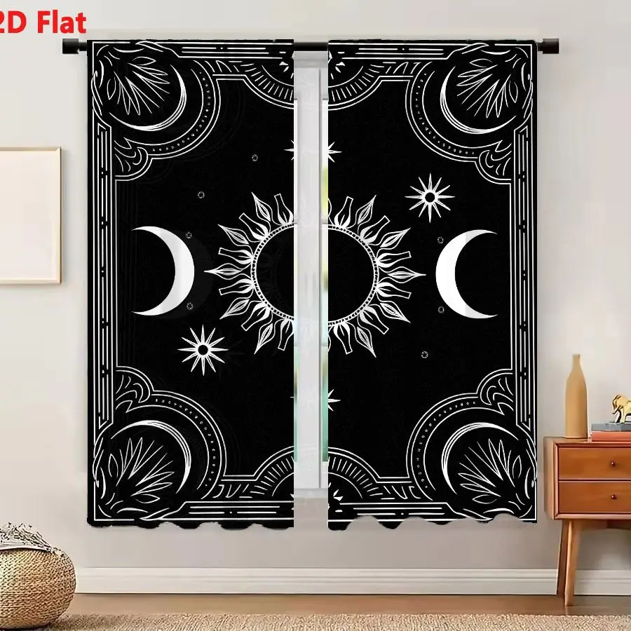 2Pcs Curtains Add 2D Flat Square Black And White Celestial Sun Moon Star Ornate Border Vintage Bandana Occult Tattoo Flash Art D