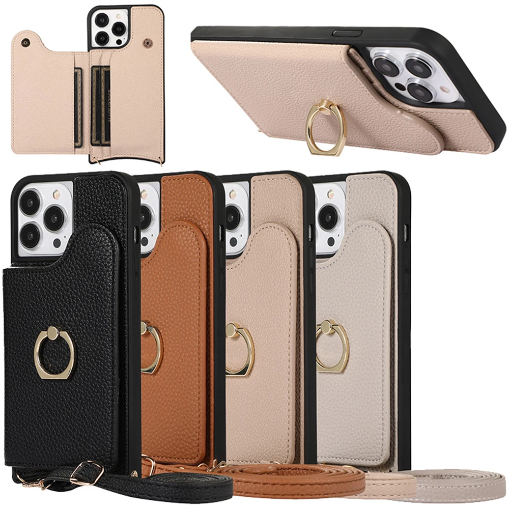 

Чехол-кошелек с плечевым ремнем для iPhone 15, 12, 13, 14, 16 Pro Max 16 Plus, кольцо на палец, женский кожаный карман для карт, ремешок на заднюю крышку