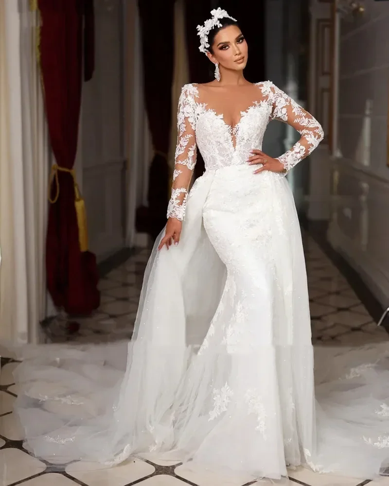 Vestido de novia de sirena con calcomanía de encaje, Sexy y precioso, personalizado, con tren desmontable, manga larga, cuello en V, 2025