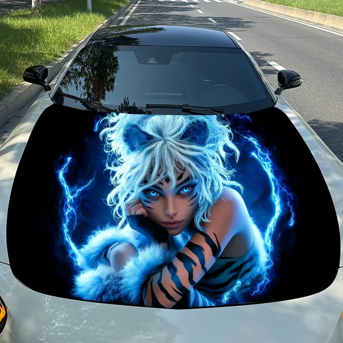 Thunder Tiger-Striped Female Warrior Car Vinyl Wrap, PVC Material Waterproof Car Hood Sticker, Self-Adhesive Scratch-Resistant S