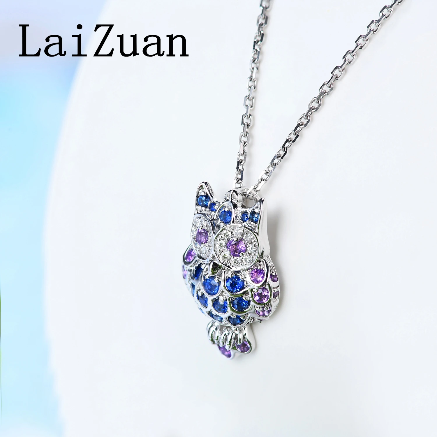 LaiZuan Solid 18k White Gold Owl Sapphire Diamond Pendant Real Amethyst Pendant For Women High Quality Trendy Vintage Jewelry