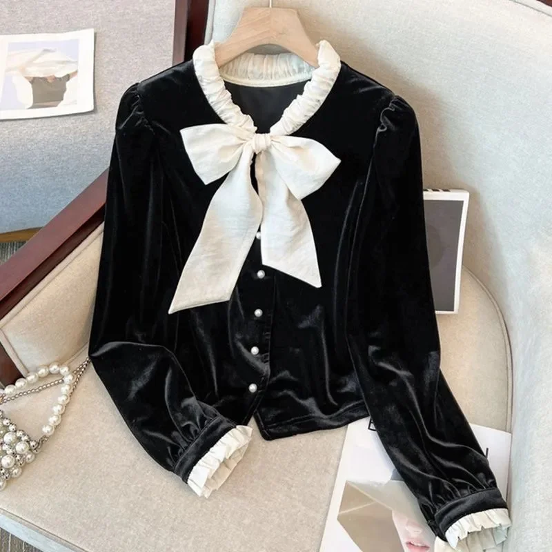 High-End Black Golden Velvet Shirt Women 2026 Spring Summer Autumn Slim Bubble Sleeves Bow Shirt Jacket Top Female Blouse