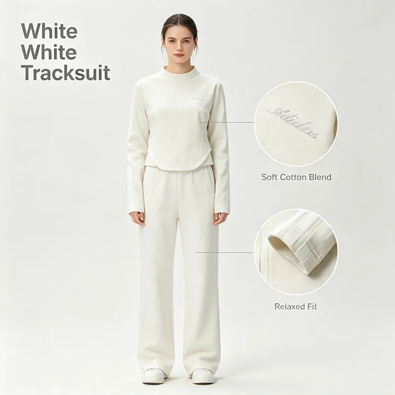 Hot Adidas Authentic White Sports Set Women 2-Piece Soft Cotton Blend Casual Short Sleeve Top Athletic Pants Loungewear Kx8910