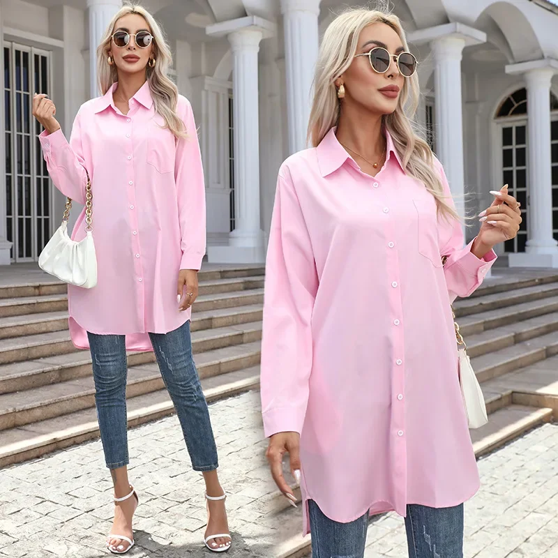 Long Shirt Women 2023 Vintage Pocket Shirts &Blouses Oversized Long Sleeve Blouse Fashion Women\'s Clothing Button Up Womens Tops