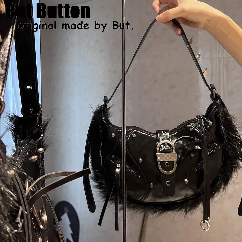 women Y2k girl Furry Harajuku Punk Advanced Design Rivet spike Gothic One Shoulder Handbag Women’s punk Tote Steampunk Bags