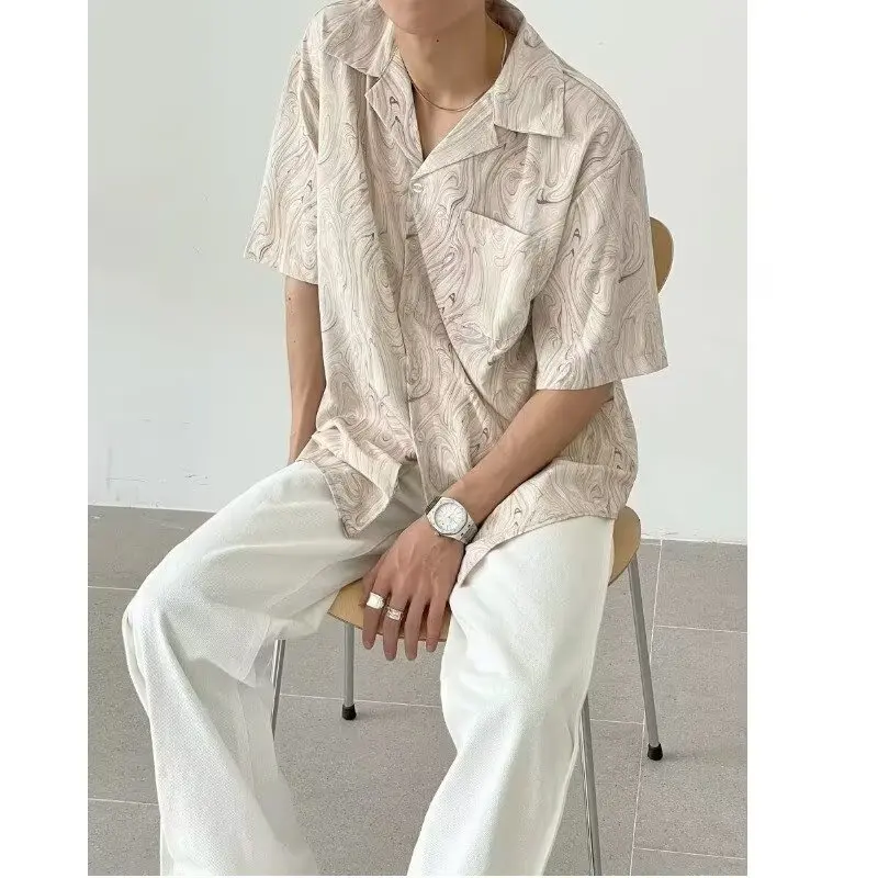 

Summer Large Size Ice Silk ort Sve irt Men's Wave Pattern Loose Casual Beach Cuban Collar Sun Protection irt
