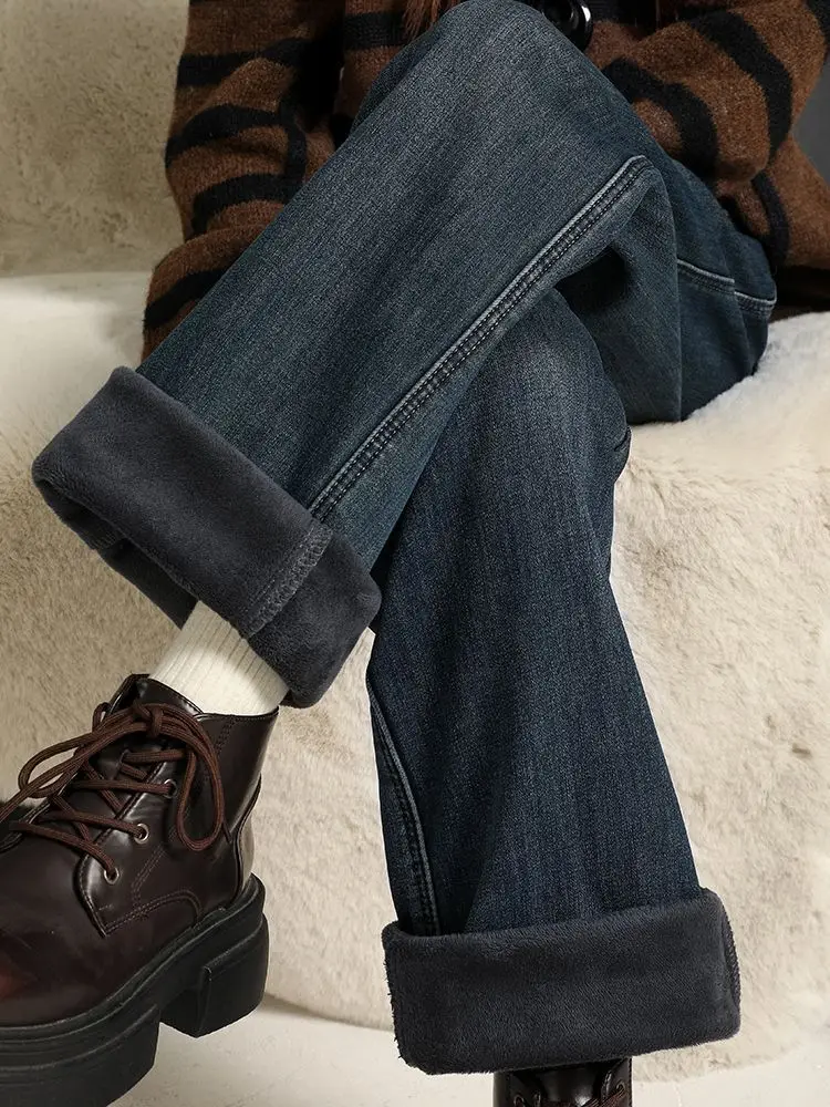 

Джинсы женские больших размеров с флисовой подкладкой, широкие, прямого кроя, с высокой талией, осенне-зимние, теплые, свободные брюки