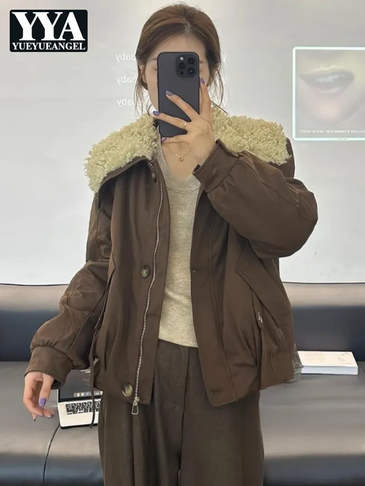 

Women Winter Short Padded Jacket Zippers Loose Fit Fleece Turndown Collar Parkas Thick Warm Coat Top Fashion Outerwear Hot Sale