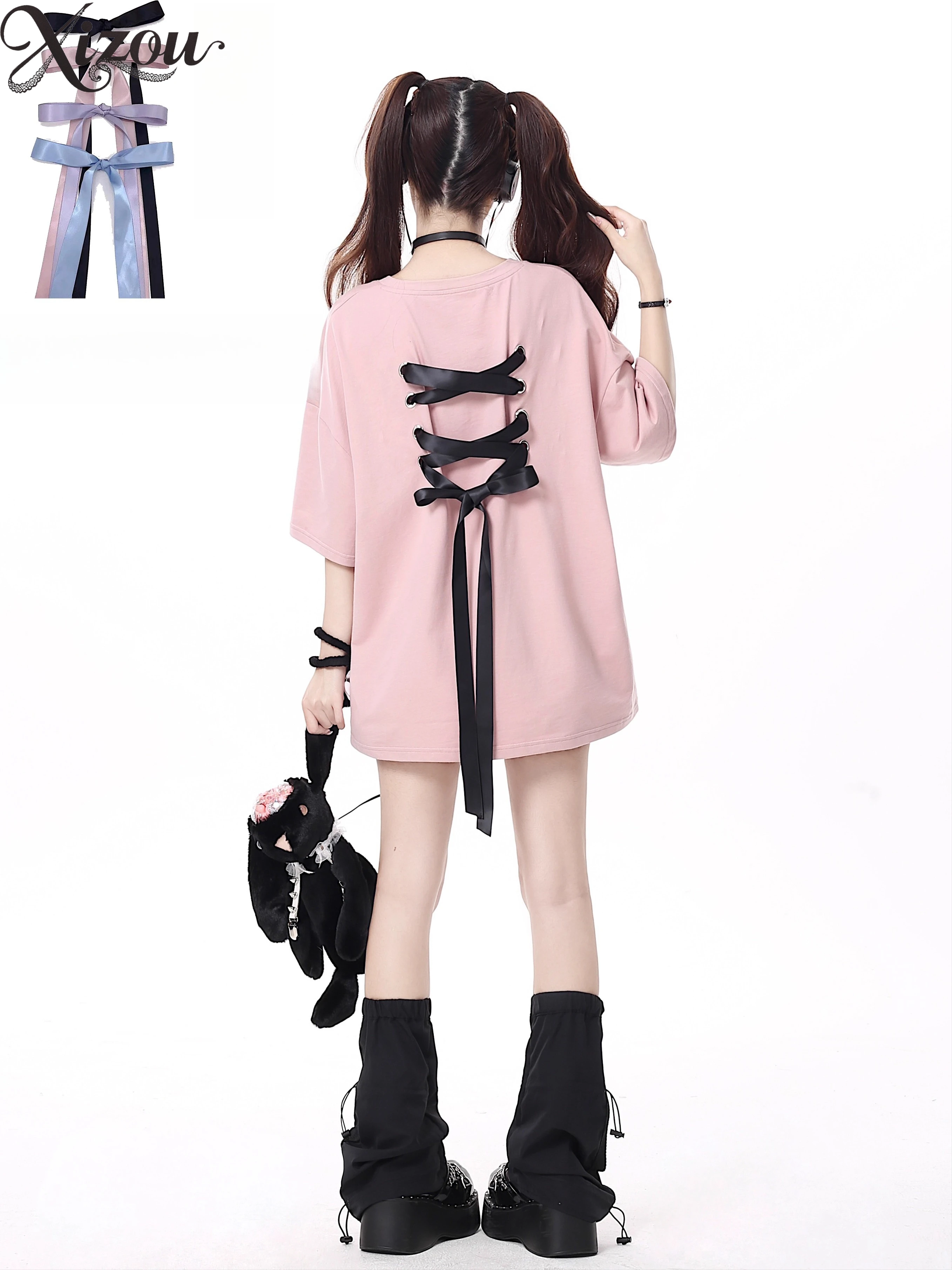 Bow Tie T-shirt Women 2026 Summer Loose Length Sweet Cool Tee Japanese Y2K Bandage T-shirt Women Sweet Mine Summer Casual Tee