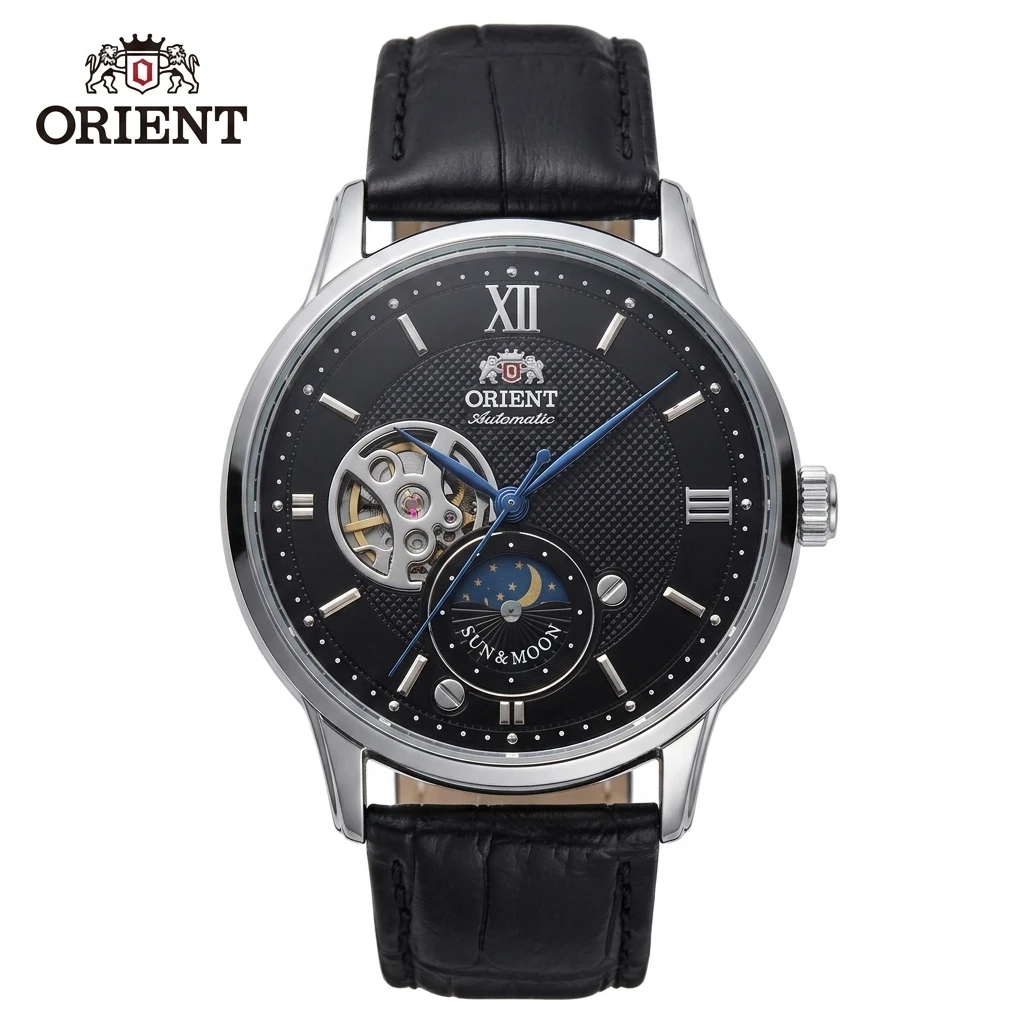 Orient Men Skeleton Automatic Watch, Sun Moon Phase Dial Crocodile Grain Leather Strap Business Gentleman Mechanical Wristwatch