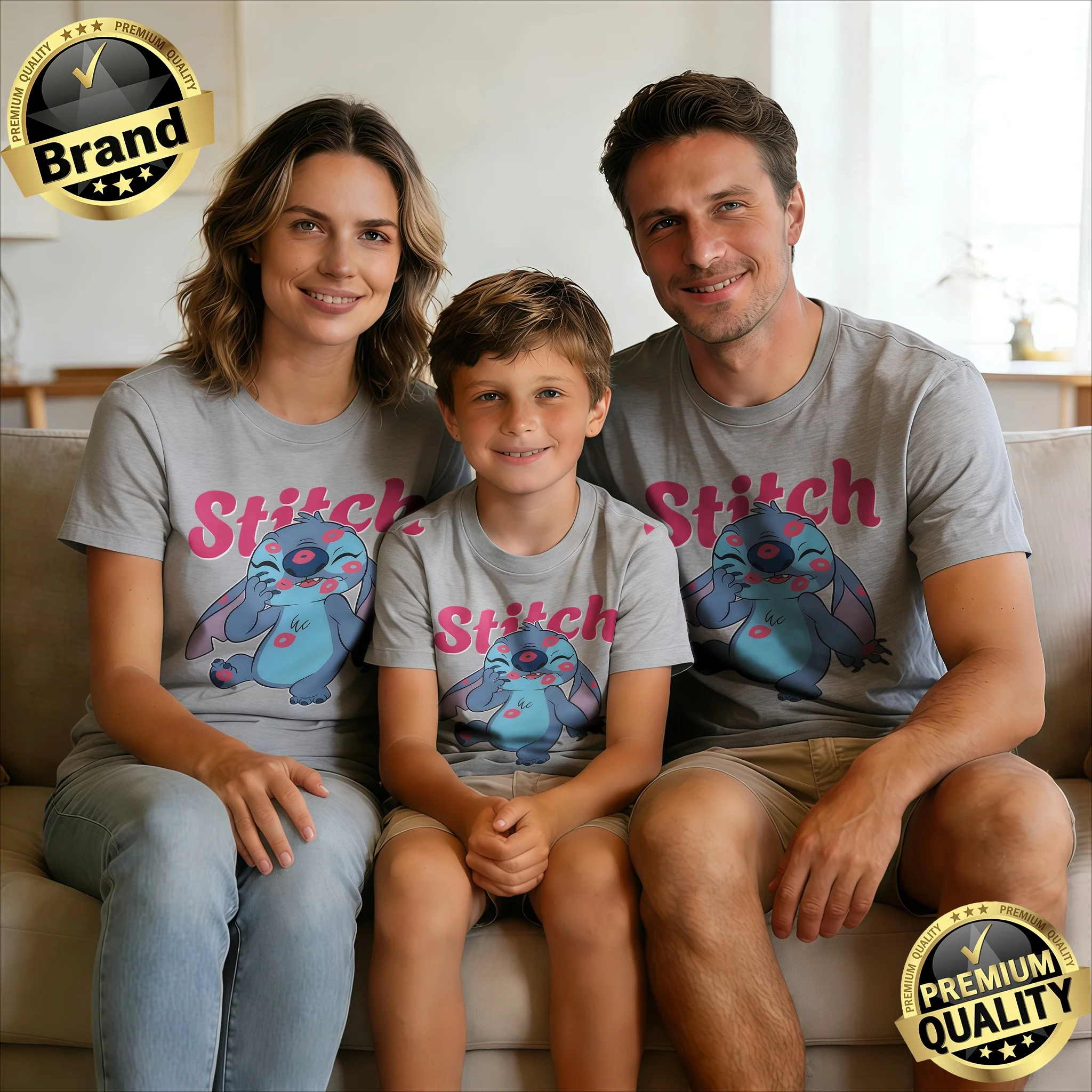 

2026 Summer Wink Stitch Print 100% Cotton Family T-Shirts, Loose Casual Tees, Single Piece or 3-Pack Family Set Durable Washing