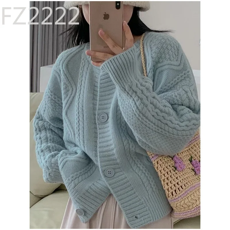 

Twist knitted cardigan jacket sweater women's autumn and winter blue retro gentle loose outer wear lazy style