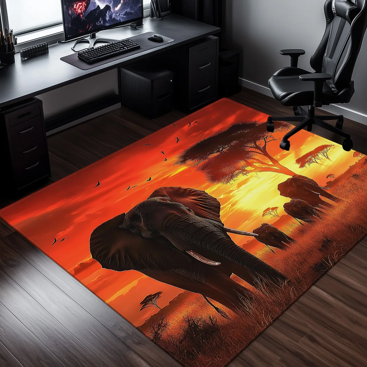 Alfombra con paisaje de elefante y puesta de sol africano, escena de vida silvestre sabana, decoración para sala de estar y dormitorio, alfombra grande con estampado de animales para la naturaleza