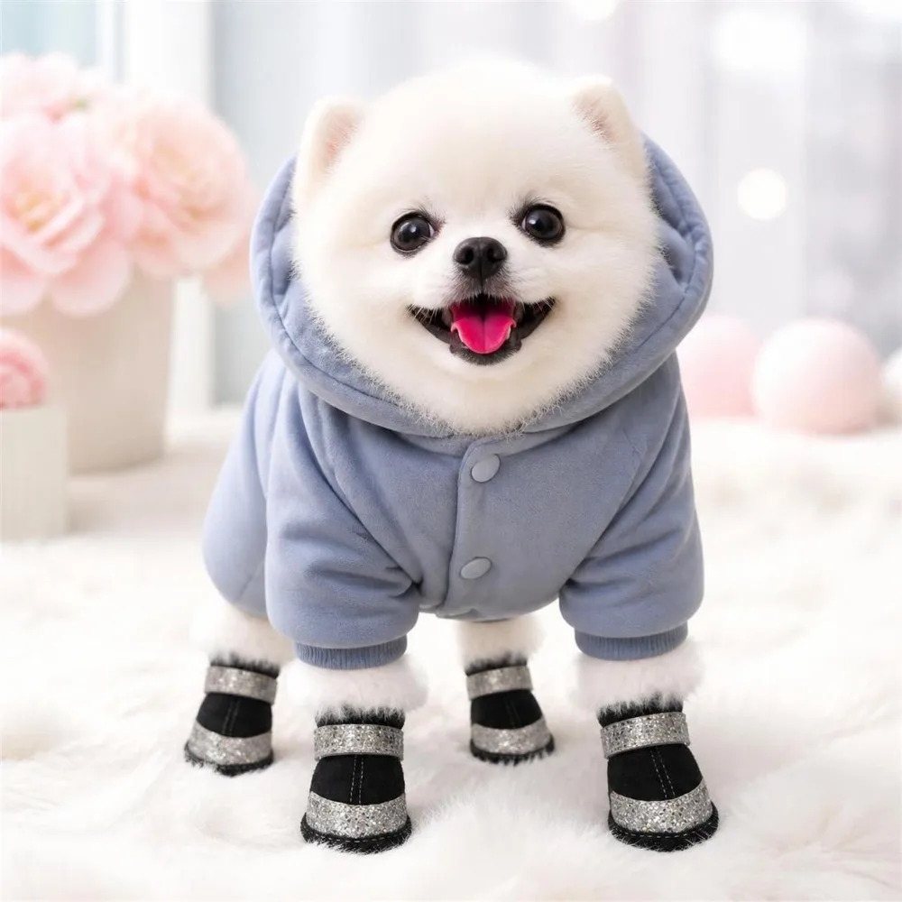 4Pcs Fashion Warm Winter Dog Shoes Anti-slip Thickened Cats Puppy Socks Luminous Pet Shoes Puppy