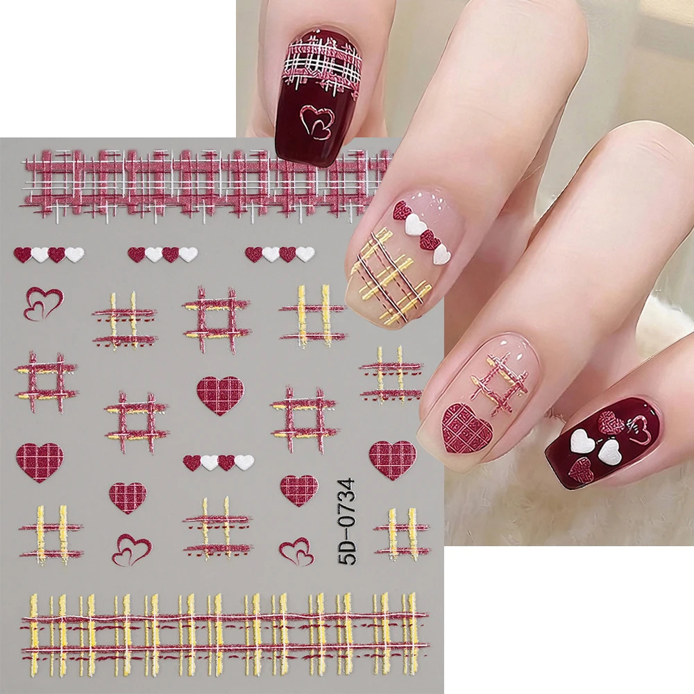 1Pcs 5D Embossed Red Heart Plaid Nail Art Stickers Sweet Checkered Love Self-Adhesive Nails Decal Korean Style Manicure Sticker