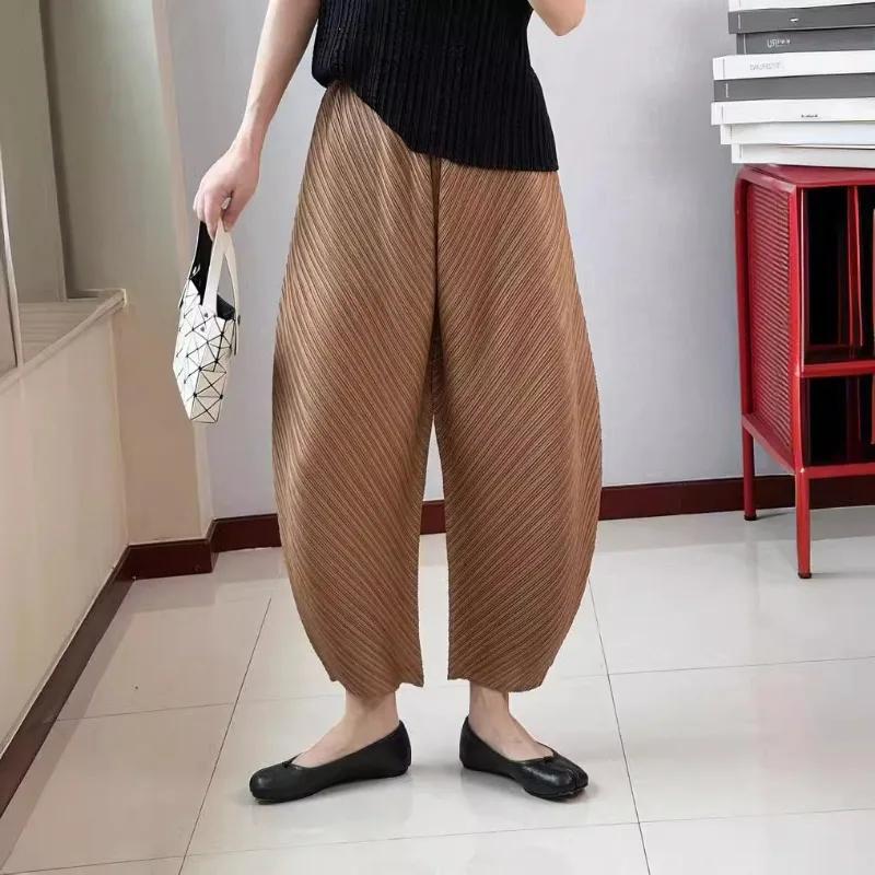 Miyake Pleated Pants Summer New Simple Casual Fashion Twill Pleated Arc Nine-Point Irregular Pants Curved Knife Pants for Women