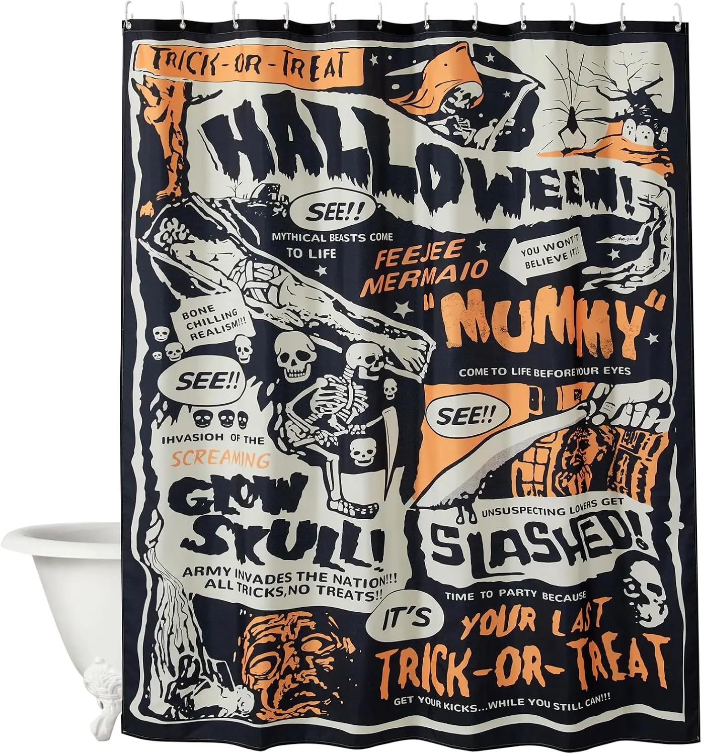 Halloween Retro Movie Shower Curtain,Skeleton Mummy Monster Poster Pattern Waterproof Bath Curtain With Hooks For Bathroom Decor