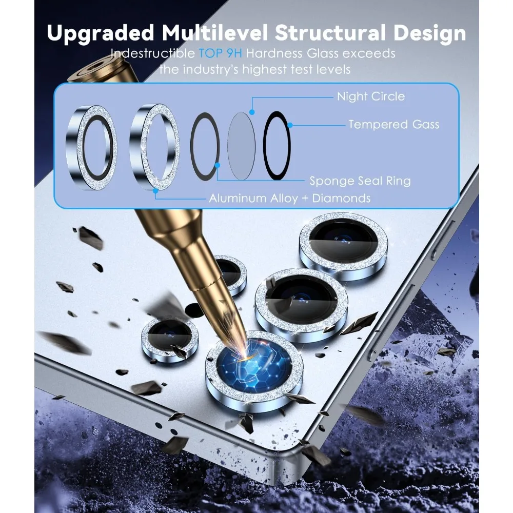 Protezione per obiettivo fotocamera con glitter in vetro temperato HD 9H per Samsung Galaxy S26 Ultra S25 Plus Anello protettivo per obiettivo in lega di alluminio