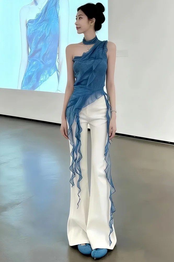 Summer Fashion Set Women's Design Asymmetrical Strap Top Flared Pants Beautiful Two-Piece Suit Polyester Breathable Regular Fit