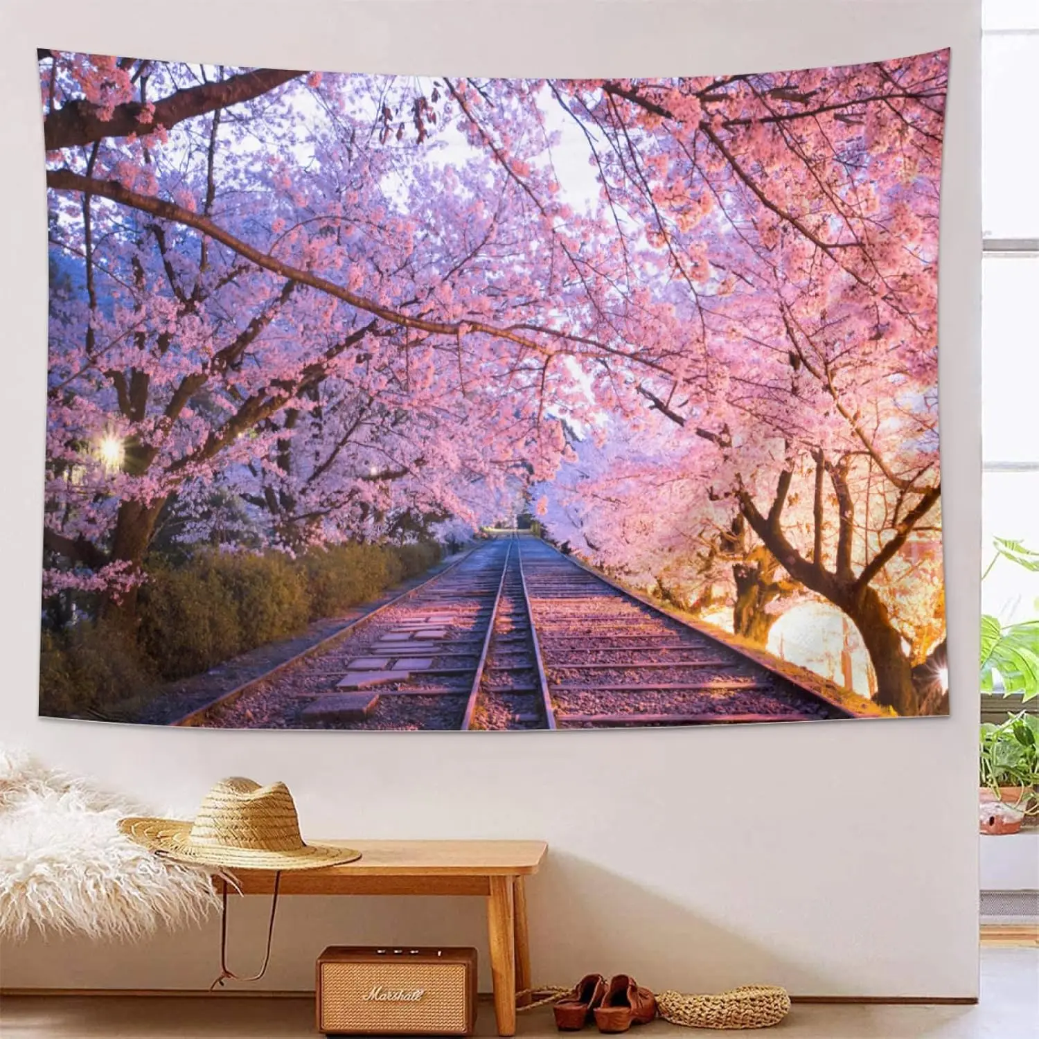 Sakura Railway Tapestry Pink Japanese Cherry Blossoms Tapestries Nature Tree Wall Tapestries Spring Sunset Landscape Tapestry