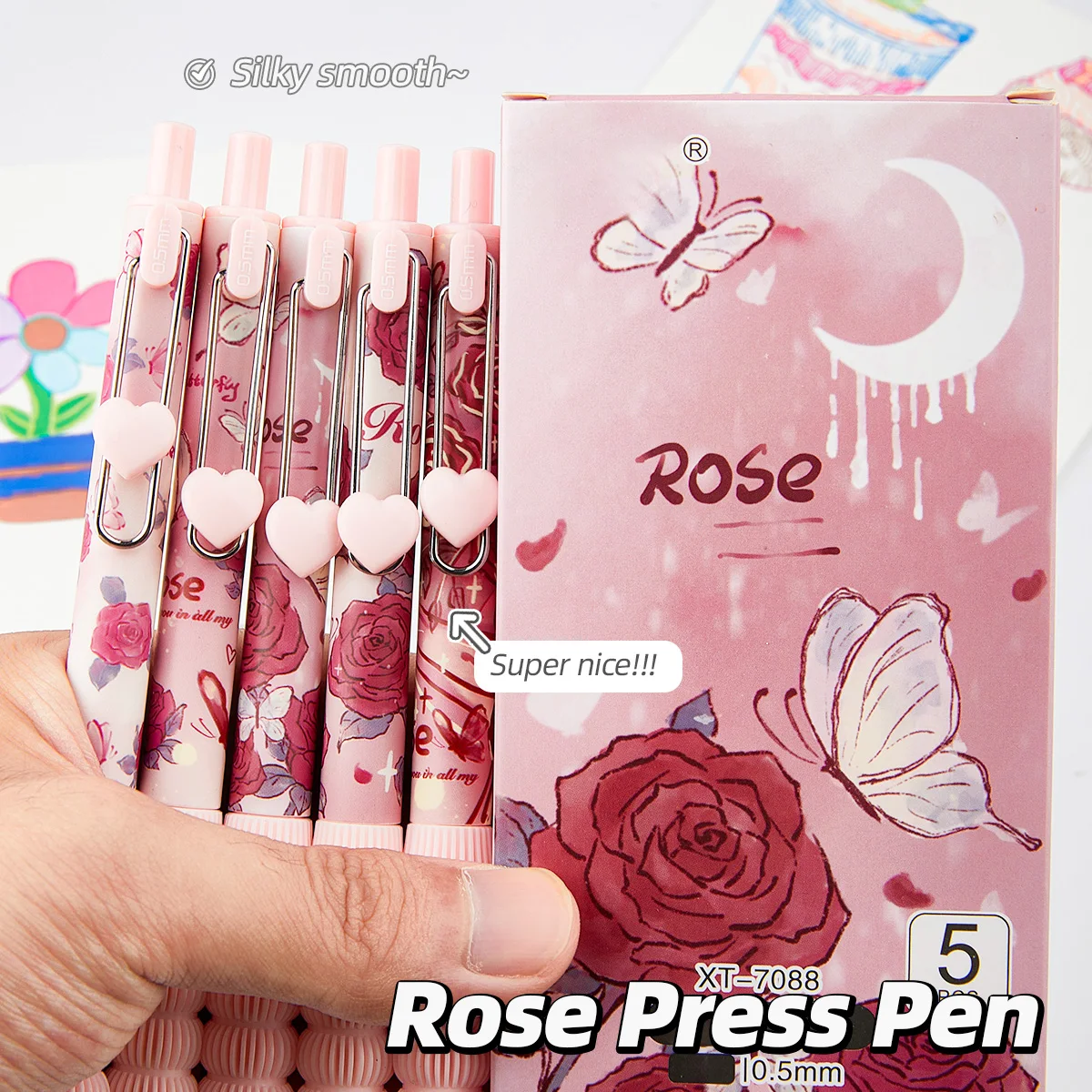 

5pcs Kawaii Flower Gel Ink Pens, 0.5mm Fine Point, Quick-Drying Black Ink, Retractable Writing Pens with Comfortable Soft Grip