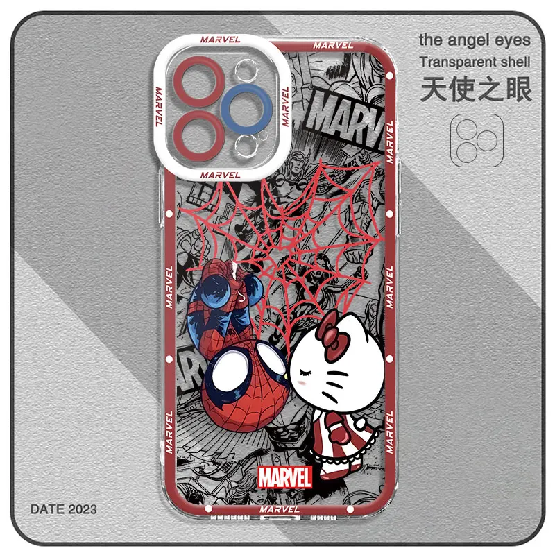 Case for iPhone 12 Pro SE XS Max 11 XR 13 Mini 14 Pro Max 7 8 15 Plus Spider Man Cute Hello Kitty Transparent Soft TPU Cover