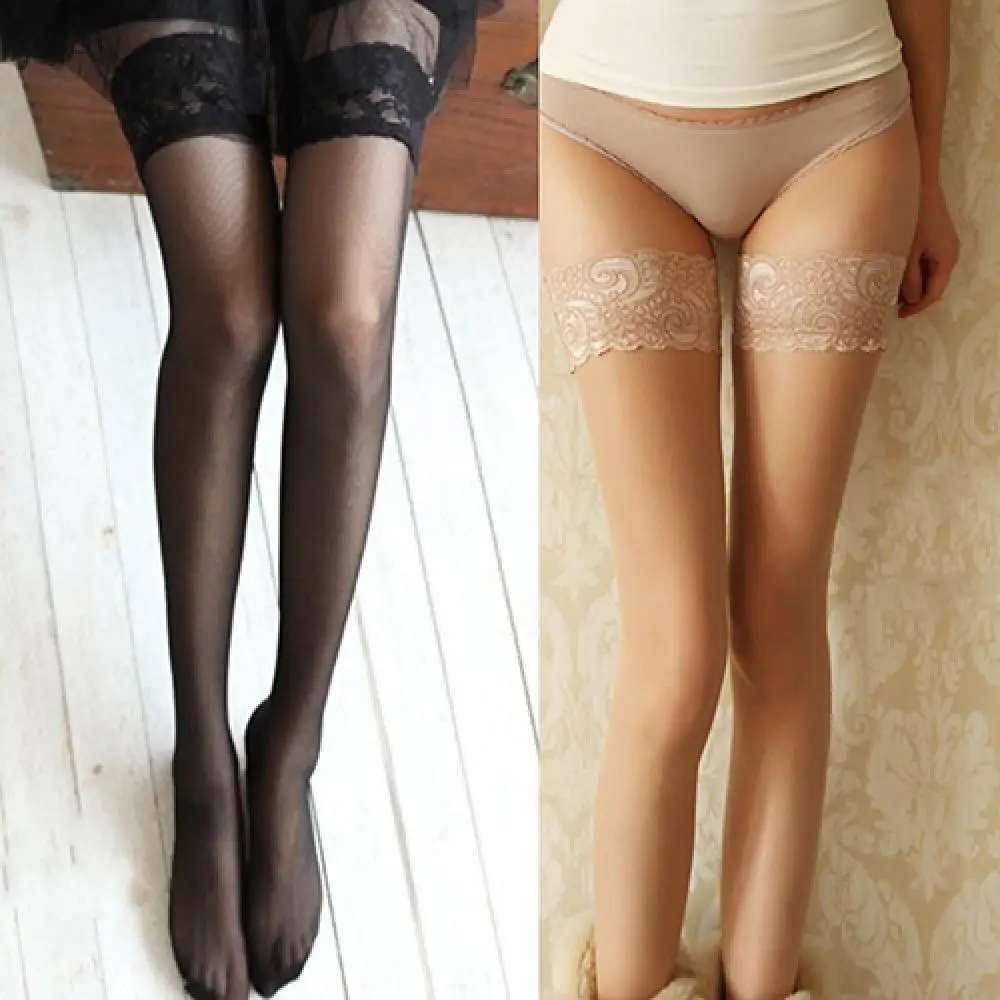 

Oversize Hosiery High Knee Black White Red Cuff Tights Rib Top High Socks Transparent Silk Stocking