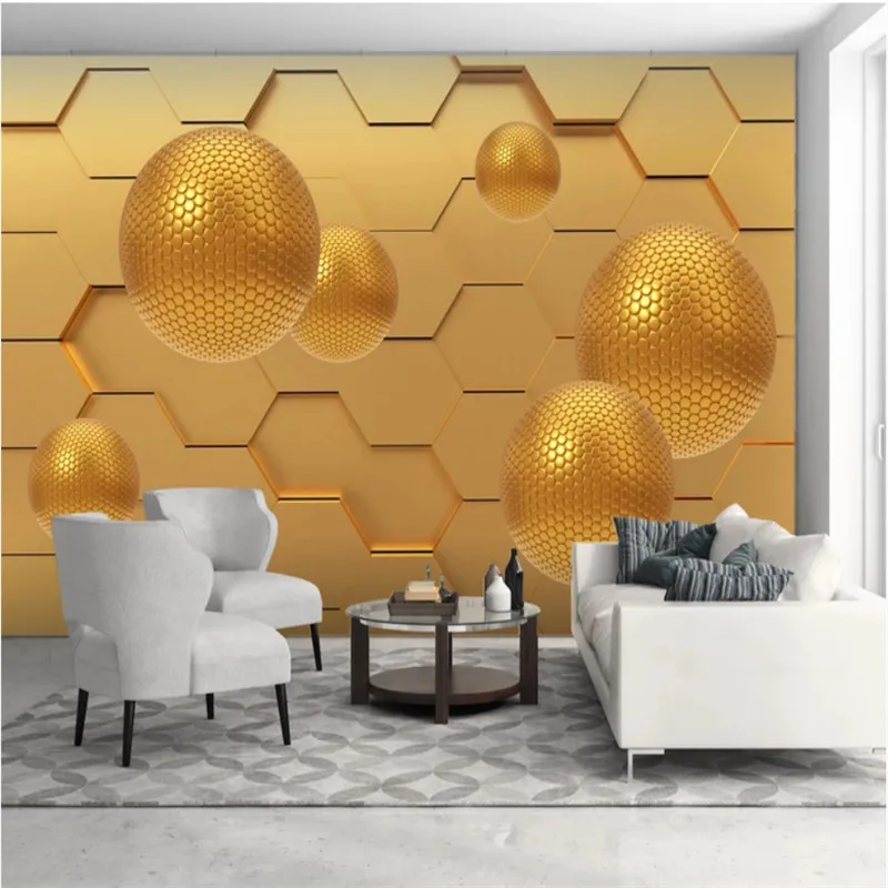 

Custom Modern Wall Paper 3D Golden Metal Hexagon Abstract Space Stereoscopic Balls 3d Mural Wallpaper 3D Wall Papers Home Decor