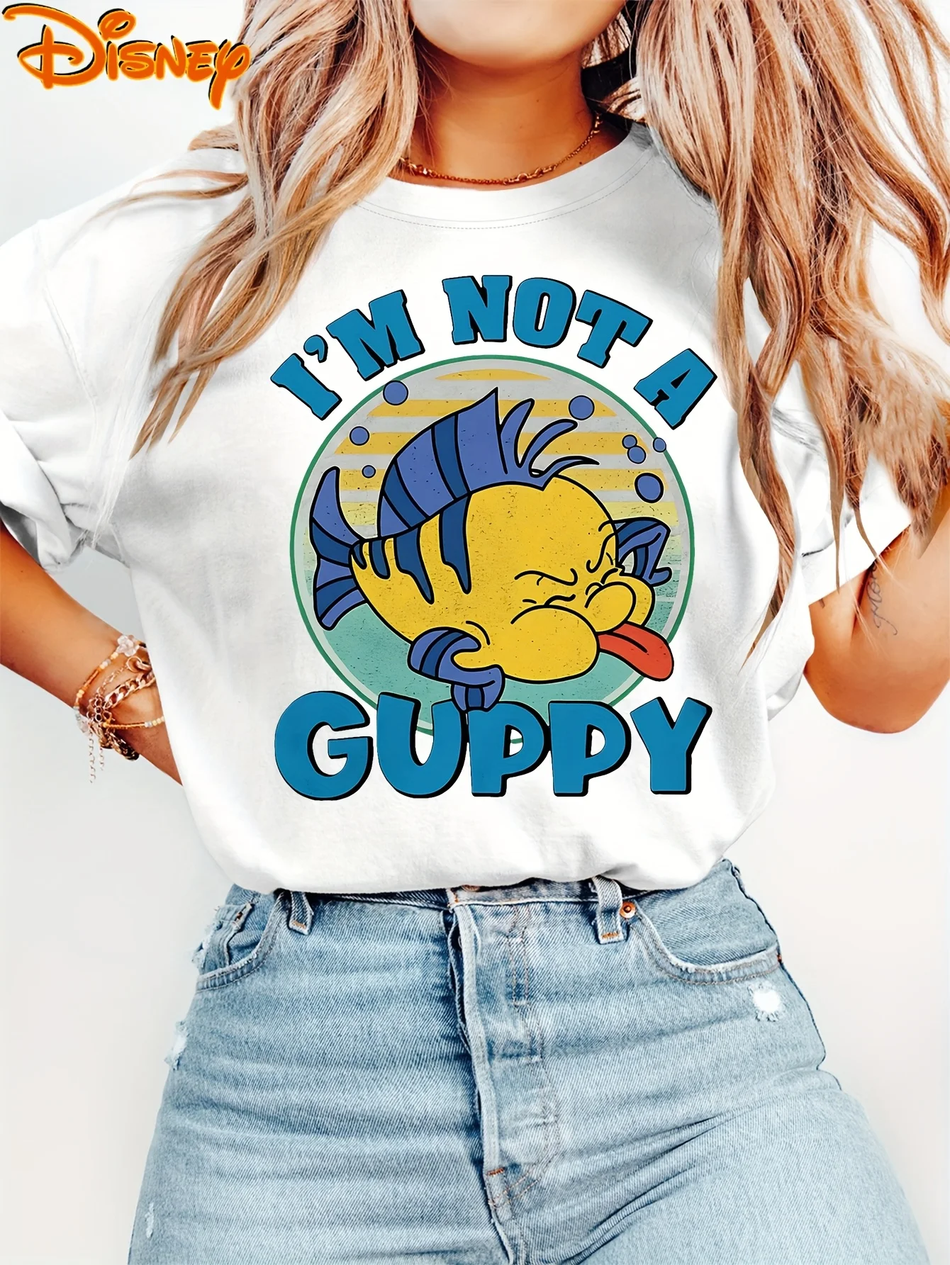 Camiseta de la Sirenita Flounder de Disney para hombre y mujer, Camiseta de algodón con cuello redondo, ropa informal holgada de manga corta de gran tamaño, ropa informal suelta