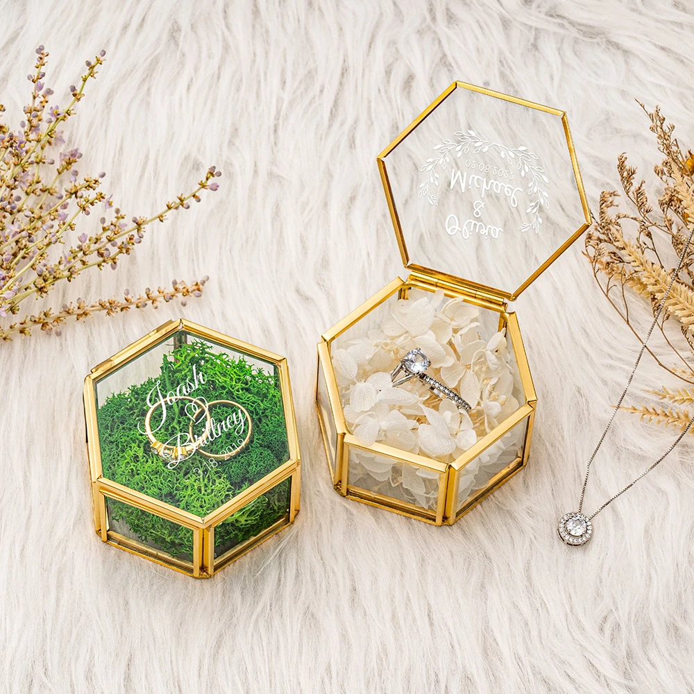 Personalized Wedding Hexagon Glass Ring Box Custom Marriage Proposal Engagement Gifts Bridesmaid Jewellery Box