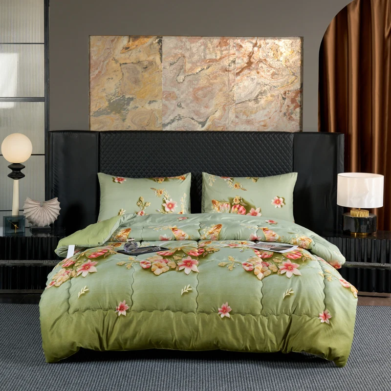 1PC， fresh matcha green floral print winter quilt, thick and warm winter single and double quilt core, machine washab