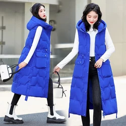 2023 New Winter Sleeveless Waistcoats Women Black Hooded Long Parkas Vest Warm Zipper Clothes Down Coats Parka Outerwear