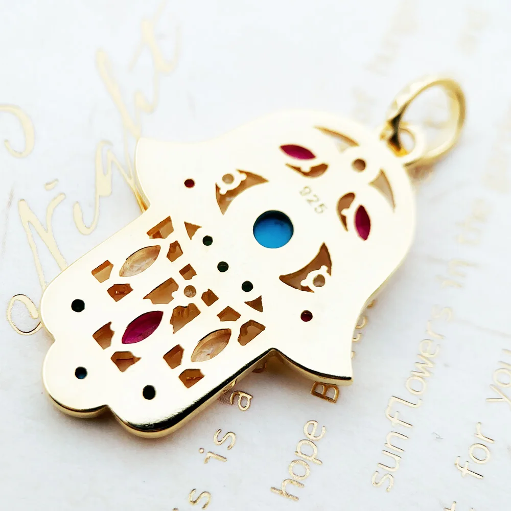 Hand of Fatima Golden Pendant Brand New Jewelry Vintage 925 Sterling Silver Accessories Lucky Gift For Women