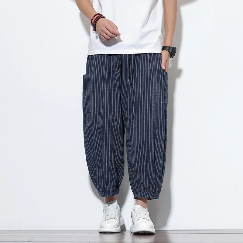 

Korean Style Summer Striped Harem Pants Men Cotton Fashion Drawstring Breathable Linen Pants Men Plus Size 5XL
