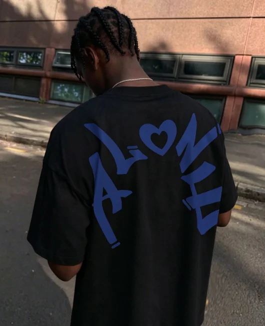 2026Back Graffiti Alone Letter Heart Print T Shirt Unisex Summer Oversized Crew Neck Short Sleeve Tee Breathable Hip Hop Casual